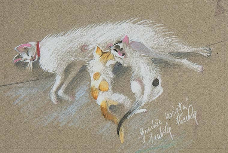 Obraz Izabelli Kierskiej pt. 'Greckie Kocięta' - malarstwo przedstawiające małe koty w Grecji